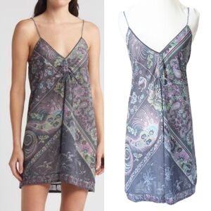 Free People Hayes Slip Dress Medium Gray Paisley Spaghetti Straps Sundress Short